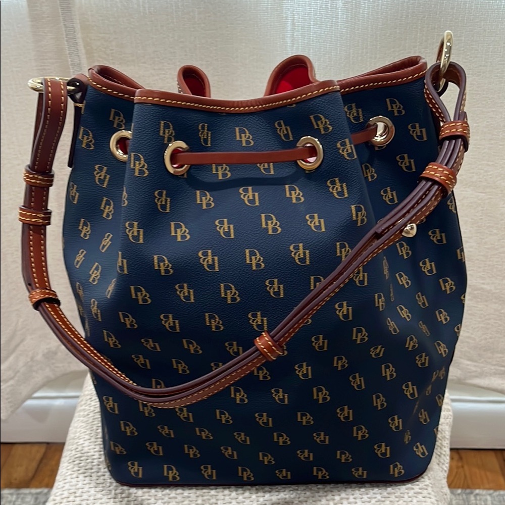 Dooney & Bourke Navy and Brown Drawstring Bucket Shoulder Bag - Picture 5 of 10